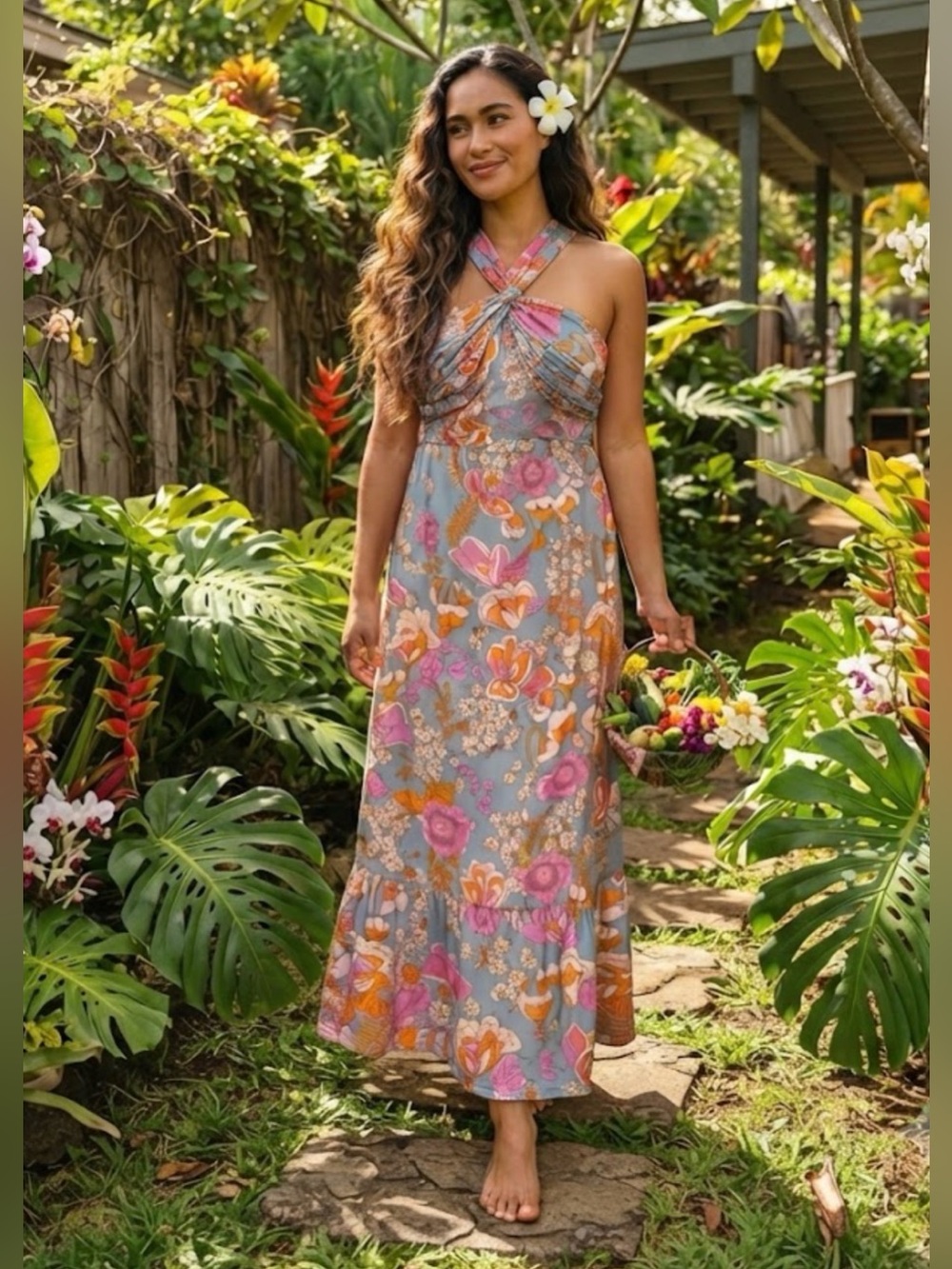 Grace Karin Floral Halter Criss Cross Cutout Maxi Dress
